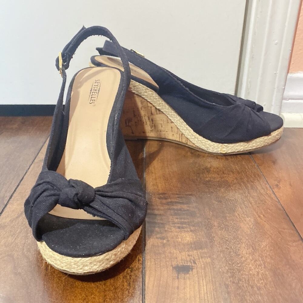 Seychelles Black and Brown Peep Toe Platform Wedge Shoes Design | 8.5